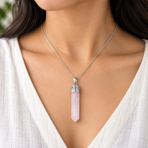 Rose quartz Pencil Pendant worn by a person