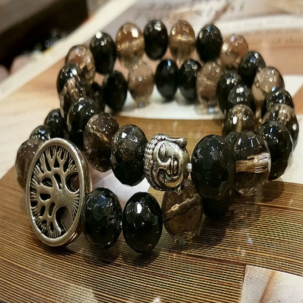 Faceted Smoky Quartz and Black Tourmaline bracelet 10mm 1 pc Moksa