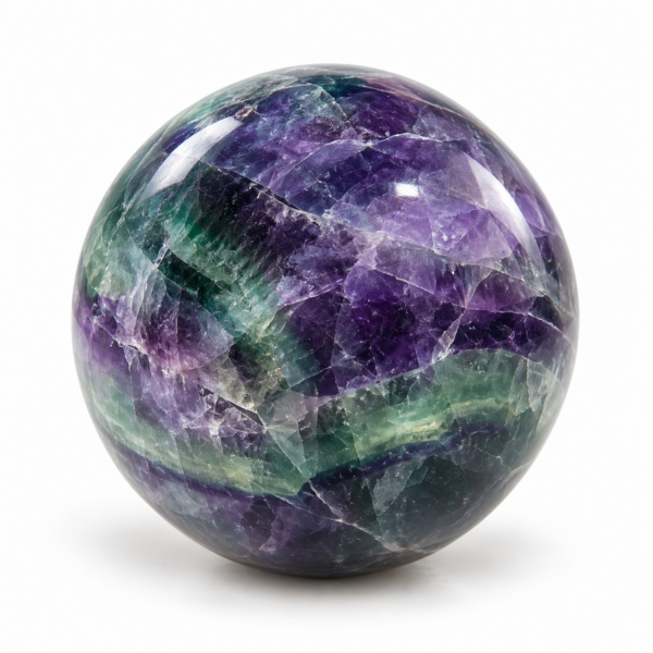 Fluorite sphere associated with mental clarity, focus, creativity and personal growth.