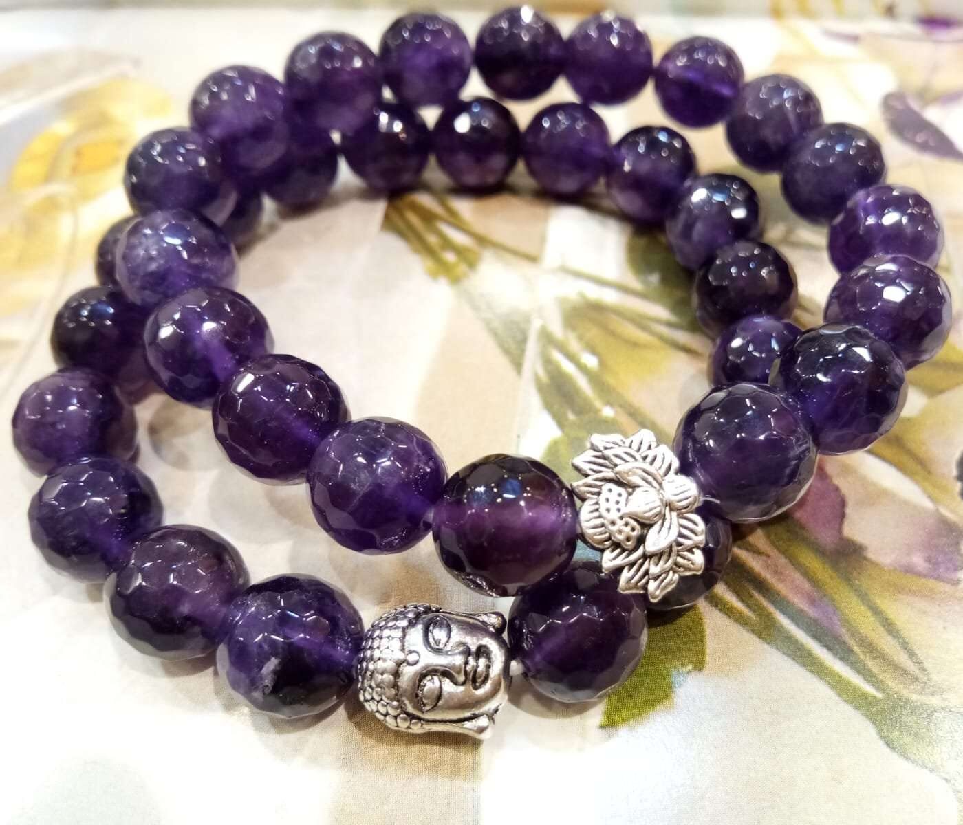 Natural AAA Amethyst Crystal Bracelet with round faceted purple gemstone beads on a stretch elastic cord.