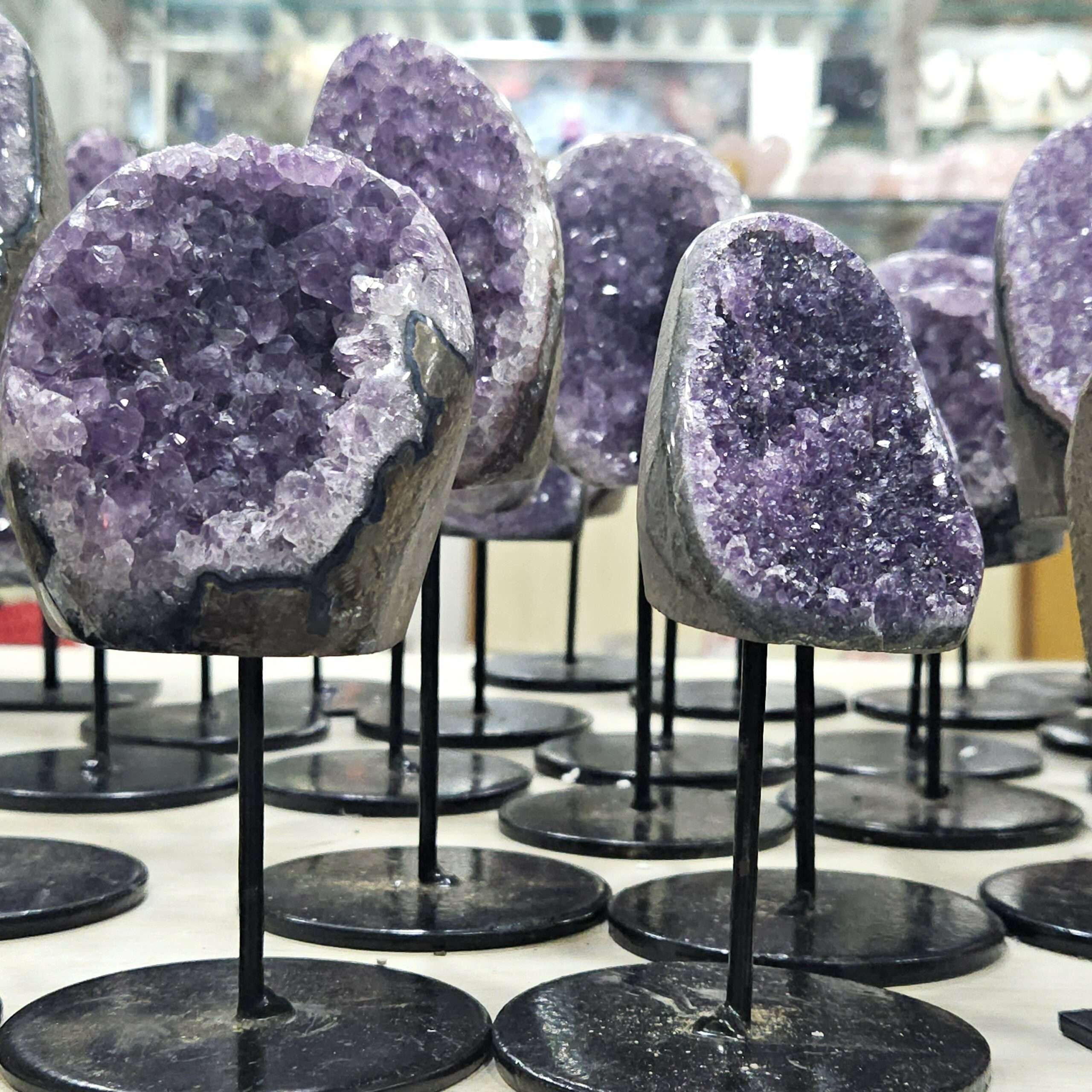 Amethyst clusters on stand