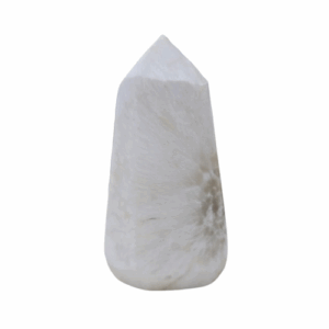 White Scolecite Crystal Tower with needle-like formations – tranquil heart chakra stone symbolizing peace, calmness, and restful sleep energy.
