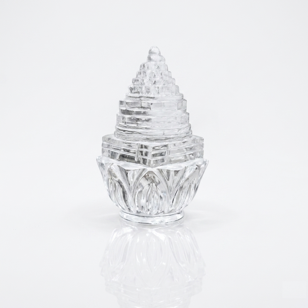 Clear Quartz Crystal Sphatik Sri Yantra on Lotus Base – Sacred Geometry for Prosperity, Meditation & Vastu