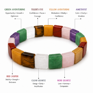 Seven chakra crystal bracelet with Red Jasper Tiger's Eye Clear Quartz Green Aventurine Yellow Aventurine Rose Quartz and Amethyst
